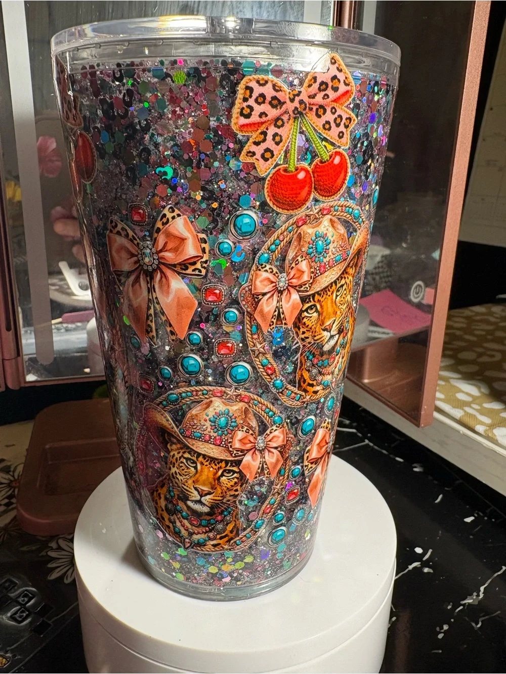 Glitter Leopard Cowboy Hat Tumbler - Pink & Turquoise Accents